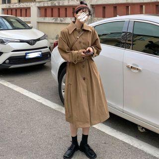 Corduroy Button-up Long Coat Khaki - One Size