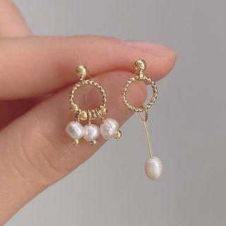 Freshwater Pearl Asymmetrical Alloy Dangle Earring 1 Pair - C-739 - Gold & White - One Size