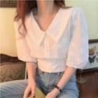Collared Puff-sleeve Cropped Eyelet Blouse White - One Size