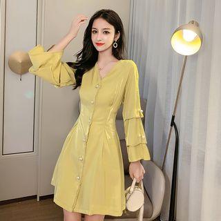 Bell-sleeve Faux Pearl Mini A-line Dress