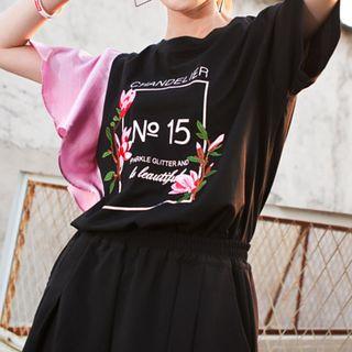 Short-sleeve Embroidered Asymmetric T-shirt