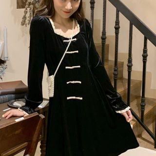 Square-neck Velvet Blouse / Velvet Long-sleeve A-line Dress