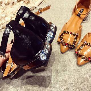 Ankle Strap Rhinestone Buckle Pointed Flats