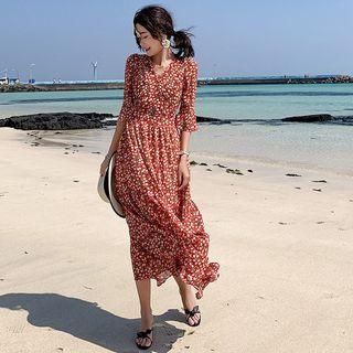 3/4-sleeve Floral Chiffon A-line Maxi Dress