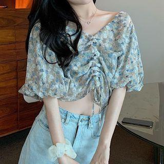 Floral Elbow-sleeve Drawstring Chiffon Cropped Blouse Blue - One Size