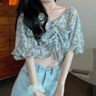 Floral Elbow-sleeve Drawstring Chiffon Cropped Blouse Blue - One Size