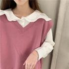 Layered Collar Blouse / V-neck Vest / Plaid A-line Skirt