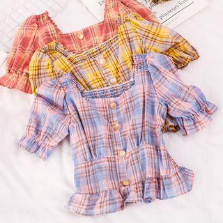 Plaid Square-neck Ruffled-trim Short-sleeve Top