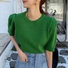 Short-sleeve Plain Knit Top Green - One Size