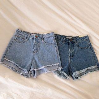 Frayed High-waist Denim A-line Shorts