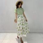 Print Short-sleeve T-shirt / Avocado-print Linen Midi Skirt