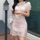 Short-sleeve Ribbon Mesh Paneled Lace Mini Sheath Dress