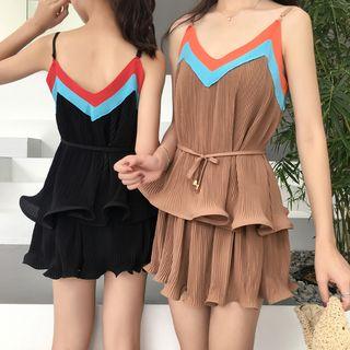 Set: Color Block Pleated Camisole Top + Wide Leg Shorts