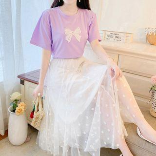 Short-sleeve Bow Embroidered T-shirt / Mesh Midi Skirt / Set