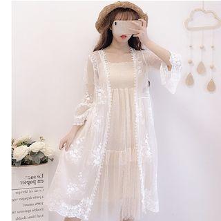 Spaghetti Strap Polka Dot Mesh A-line Midi Dress / 3/4-sleeve Lace Light Jacket