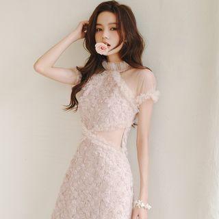 Short-sleeve Mesh Panel Slit Mini Sheath Dress