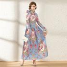 Printed Collared Long-sleeve Accordion Pleat Maxi A-line Dress