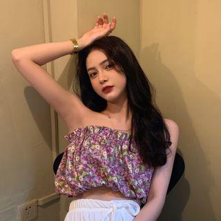 Short-sleeve Button T-shirt / Floral Print Cropped Tube Top