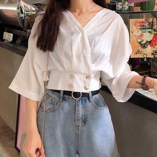 3/4-sleeve Double-breasted Top White - One Size