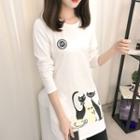 Cat Print Long Sleeve Long T-shirt