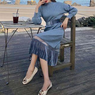 Long-sleeve Pleat Panel Mock Neck Midi Knit Dress