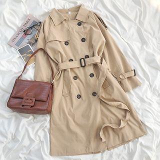 Plain Tie-waist Long Coat As Shown In Figure - One Size