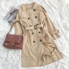 Plain Tie-waist Long Coat As Shown In Figure - One Size