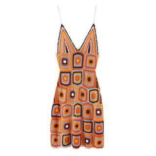 Spaghetti Strap Crochet Knit Mini Dress Orange Red - One Size