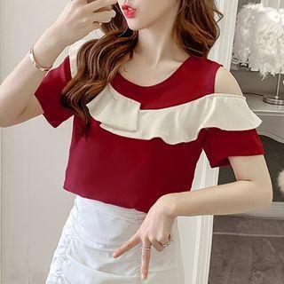 Short-sleeve Cold-shoulder Ruffle T-shirt