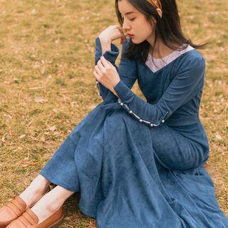 Color Block Long-sleeve Maxi A-line Dress