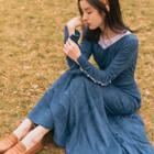 Color Block Long-sleeve Maxi A-line Dress