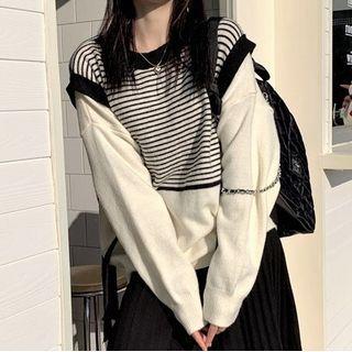 Mock Two-piece Striped Panel Sweater Sweater - Stripe - Black - One Size