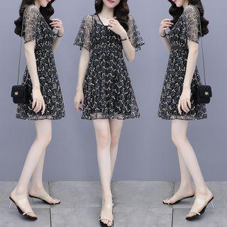 Set: Short-sleeve Floral Print A-line Dress + Slipdress