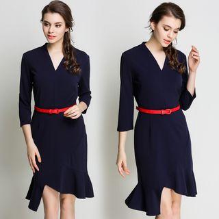 Elbow-sleeve Tie-waist V-neck Sheath Dress