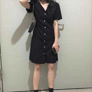 V-neck Plain Mini A-line Dress Black - One Size