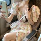 Short-sleeve Floral A-line Dress Yellow - One Size