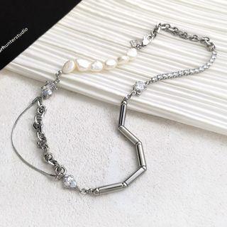 Rhinestone Faux Pearl Necklace 1 Pc - Necklace - Silver - One Size