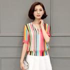 Elbow-sleeve Striped V-neck Blouse