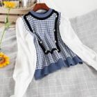 Puff-sleeve Gingham Knit Top