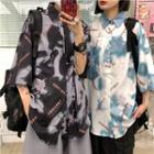 Elbow-sleeve Tie-dyed Letter Print Shirt