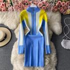 Color Block Zip Collar Sheath Knit Dress