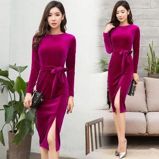 Slit-side Waist-tied Sheath Dress