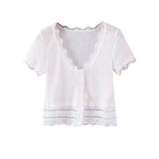 Short-sleeve Lace Trim Button-up Knit Top