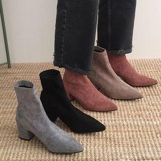 Elastic Faux Suede Pointed Toe Block Heel Boots