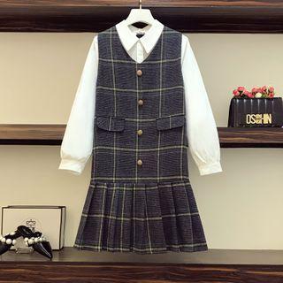 Set: Plaid Sleeveless A-line Dress + Plain Shirt