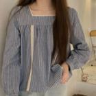 Puff-sleeve Striped Blouse Blue - One Size