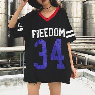 Printed V-neck Elbow-sleeve Long T-shirt