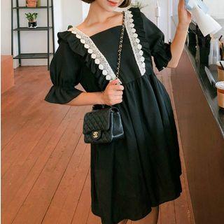 Square-neck Lace Trim Elbow-sleeve Dress