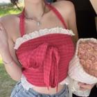 Lace Trim Bow Accent Cropped Halter Top Rose Pink - One Size