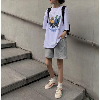 Elbow-sleeve Tyrannosaur Print T-shirt